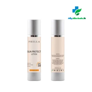 A sleek bottle of Frella Sun Protection Lotion 30+ 100ml, a lightweight product with SPF for daily skin protection.