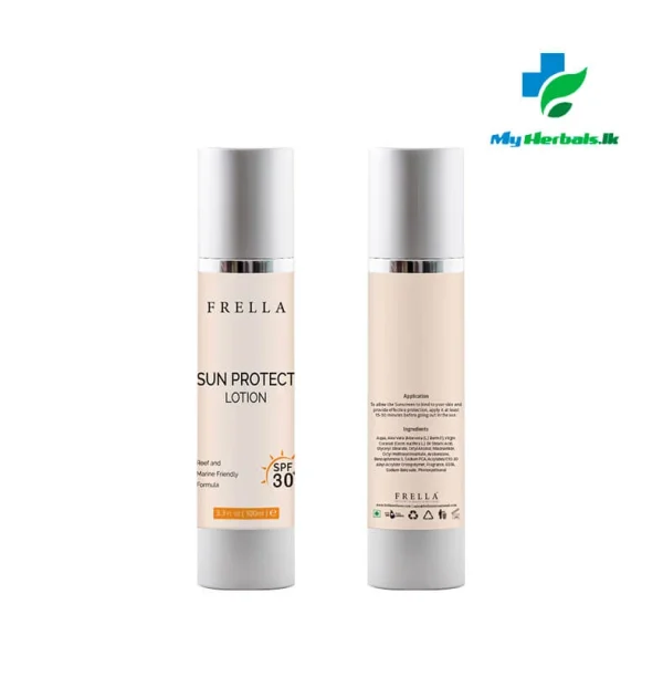 A sleek bottle of Frella Sun Protection Lotion 30+ 100ml, a lightweight product with SPF for daily skin protection.