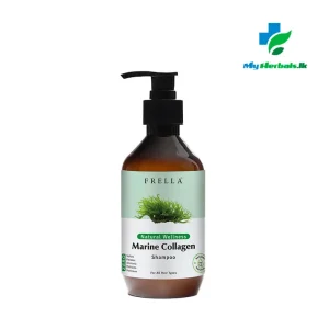 A sleek amber pump bottle of Frella Wellness Marine Collagen Shampoo 320ml, a nourishing product for strengthening and hydrating hair.