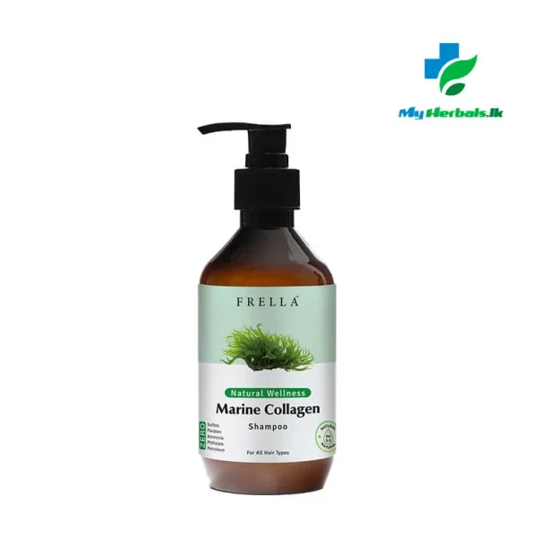A sleek amber pump bottle of Frella Wellness Marine Collagen Shampoo 320ml, a nourishing product for strengthening and hydrating hair.