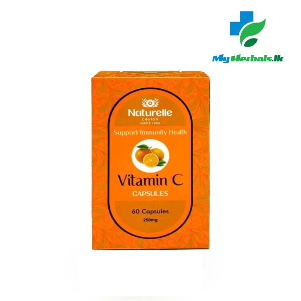 Naturalle Vitamin C Capsule (60 Capsules) bottle image. High-potency supplement for immune and collagen support. Shop Now at www.myherbals.lk