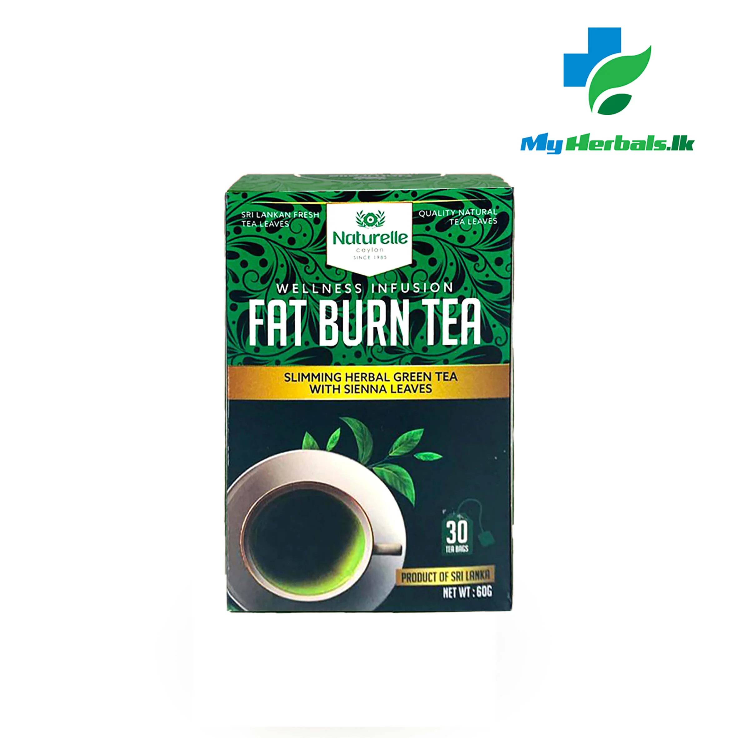 An image of a packet of Naturelle Fat Burn Tea 30 Tea Bags, a natural Ayurvedic herbal blend that boosts metabolism and aids fat reduction. Shop Now at www.myherbals.lk