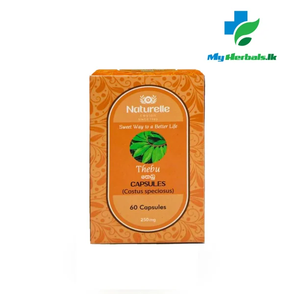 An image of a Naturelle Thebu Capsules (60 Capsules) bottle. Ayurvedic supplement to support blood sugar regulation and liver health. Shop Now at www.myherbals.lk