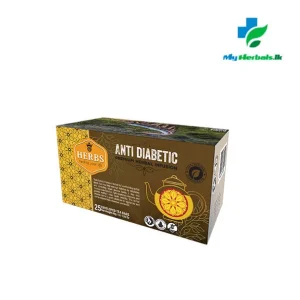 HERBS Antidiabetic Tea packaged in a box or tin, showing herbal ingredients like cinnamon or Gymnema, focusing on natural diabetes support and blood sugar balance.