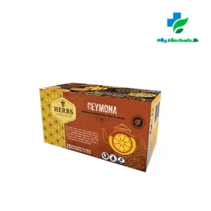 HERBS Ceymona Tea in branded packaging, next to a steaming cup of tea. The image focuses on natural wellness, highlighting support for energy, immunity, and detoxification.