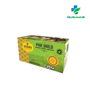 Branded package of HERBS Pure Shield Tea, possibly featuring protective herbs and a steaming cup. Supports daily immune defense, protection, and detoxification.