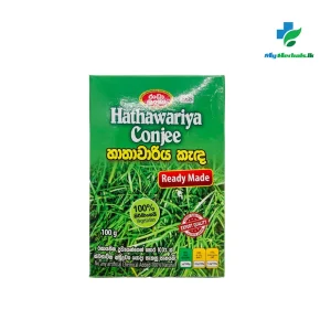 Packaging of RADHA LANKA Hathawariya Conjee 100g, an authentic herbal conjee for cooling the body and enhancing vitality. Shop Now at www.myherbals.lk