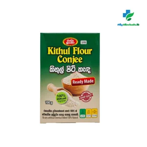 Packaging of RADHA LANKA Kithul Flour Conjee 100g, an original 100% natural and chemical-free product for traditional conjee and wellness. Shop Now at www.myherbals.lk