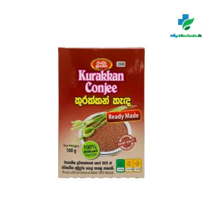 Packaging of RADHA LANKA Kurakkan Conjee 100g, a ready-made 100% natural finger millet porridge for high fiber and bone health. Shop Now at www.myherbals.lk