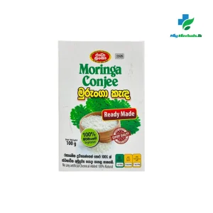 Packaging of RADHA LANKA Moringa Conjee 100g, an authentic 100% natural herbal conjee for immunity and detoxification. Shop Now at www.myherbals.lk