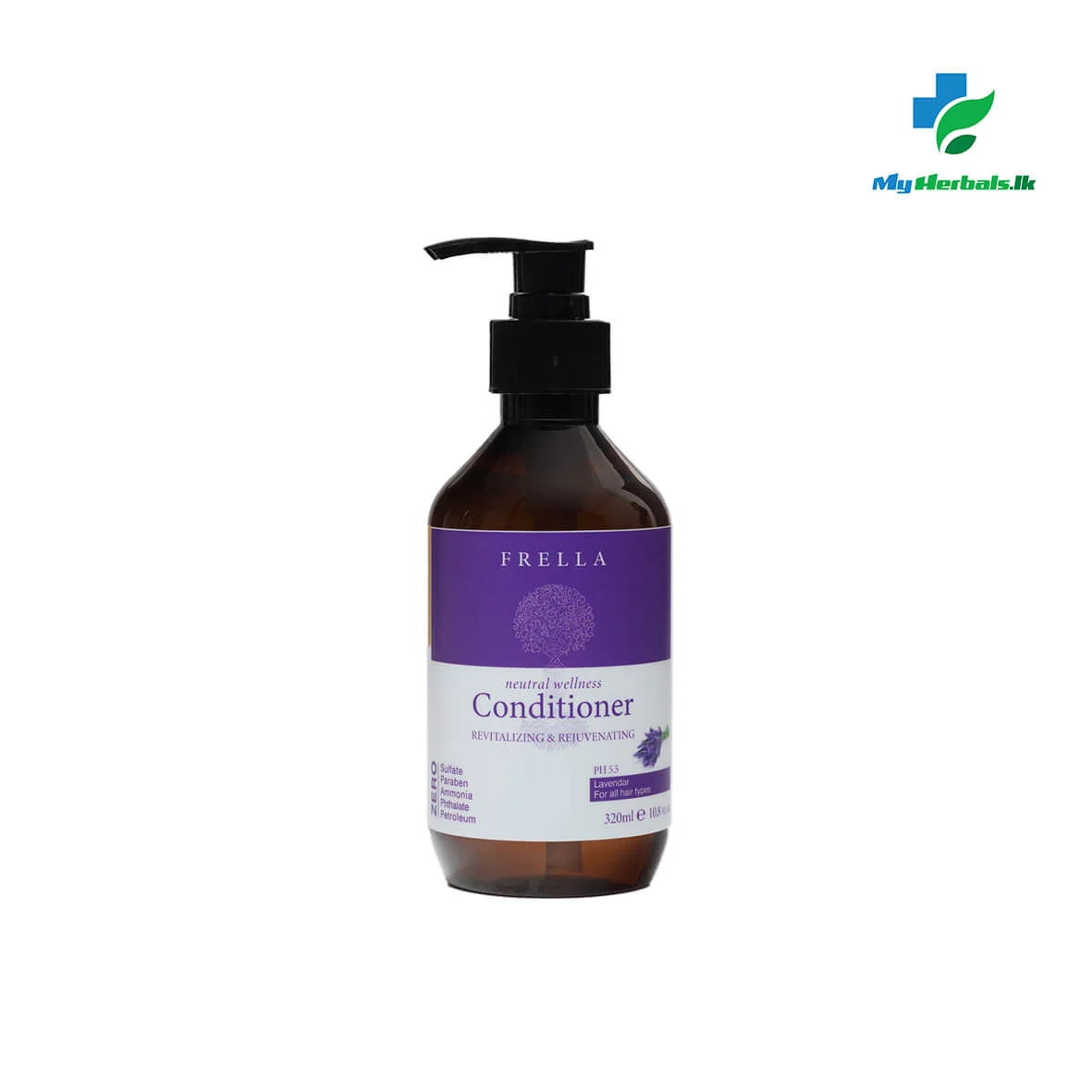 FRELLA Lavender Conditioner 320ml bottle for natural hair restoration and scalp soothing. Shop Now at www.myherbals.lk